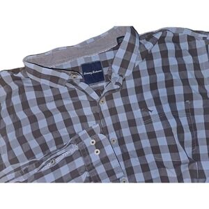 Tommy Bahama Shirt Mens Size 2XL Blue Brown Check Cotton Button Up Long Sleeve
